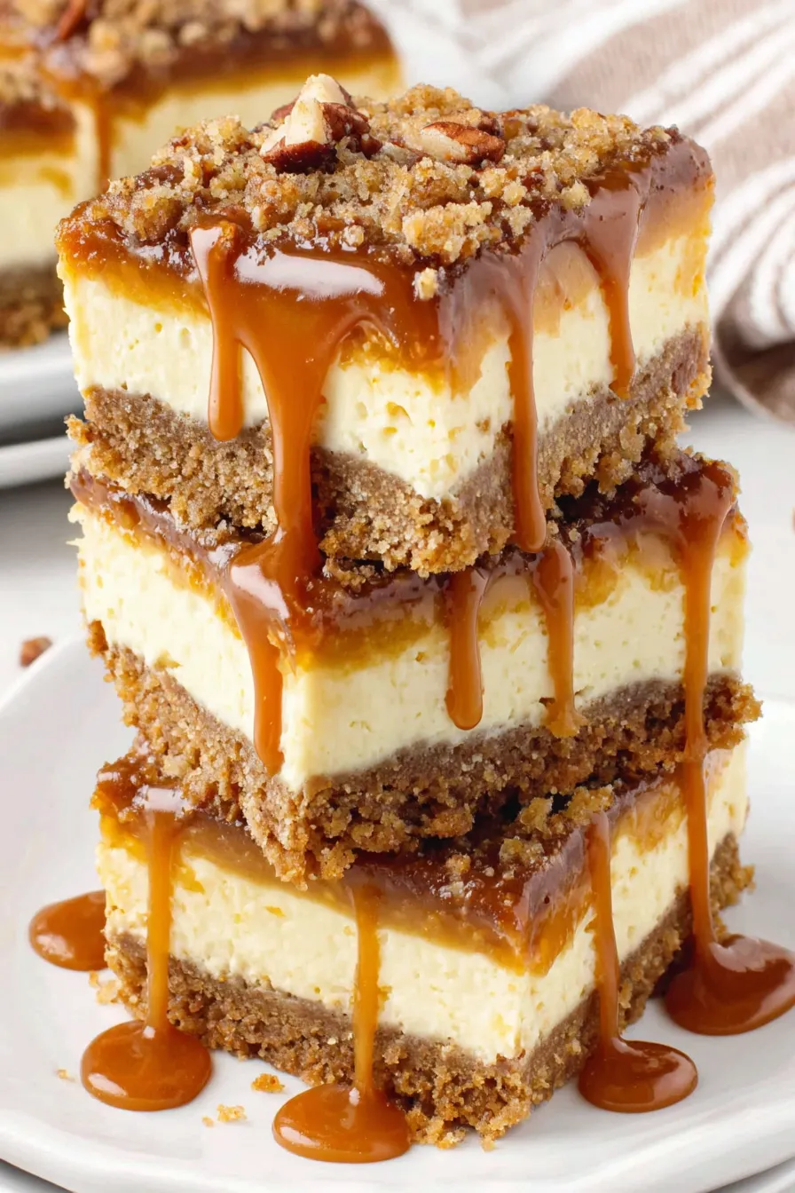 Close-up of a caramel cheesecake square on a plate