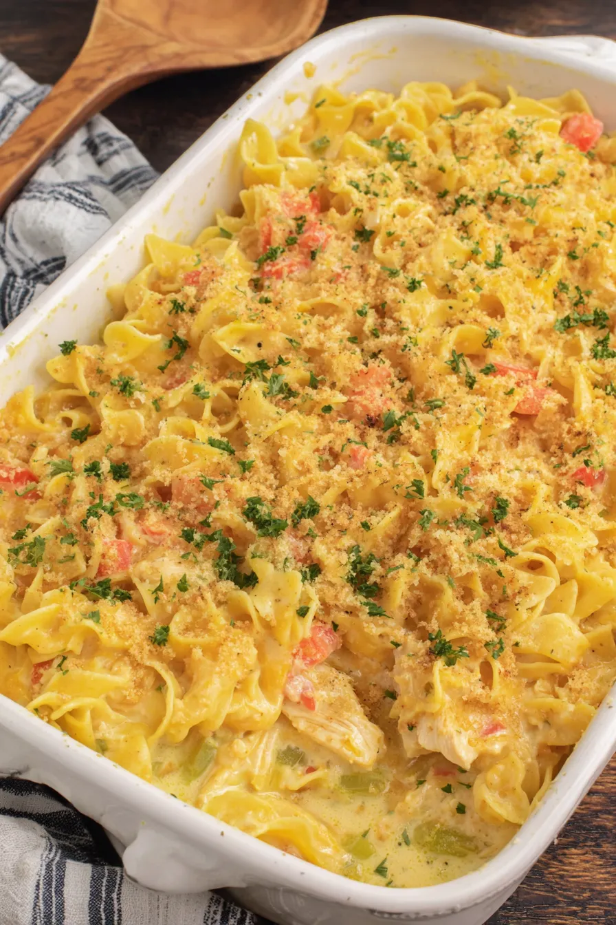 Serving scoop of creamy chicken noodle casserole