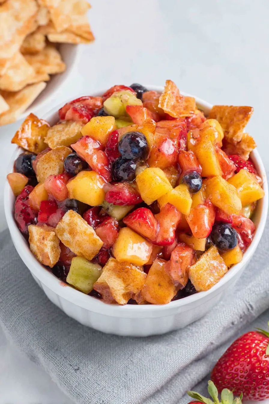 Fresh fruit salsa served in a bowl with cinnamon chips