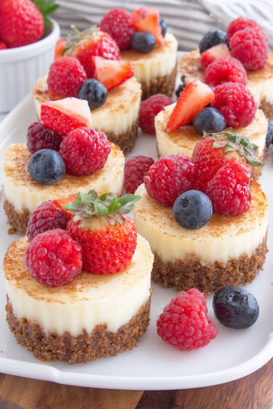 Mini cheesecake bites cooling on a baking rack