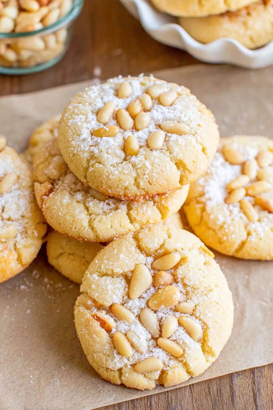 Close up of pignoli cookies on parchment