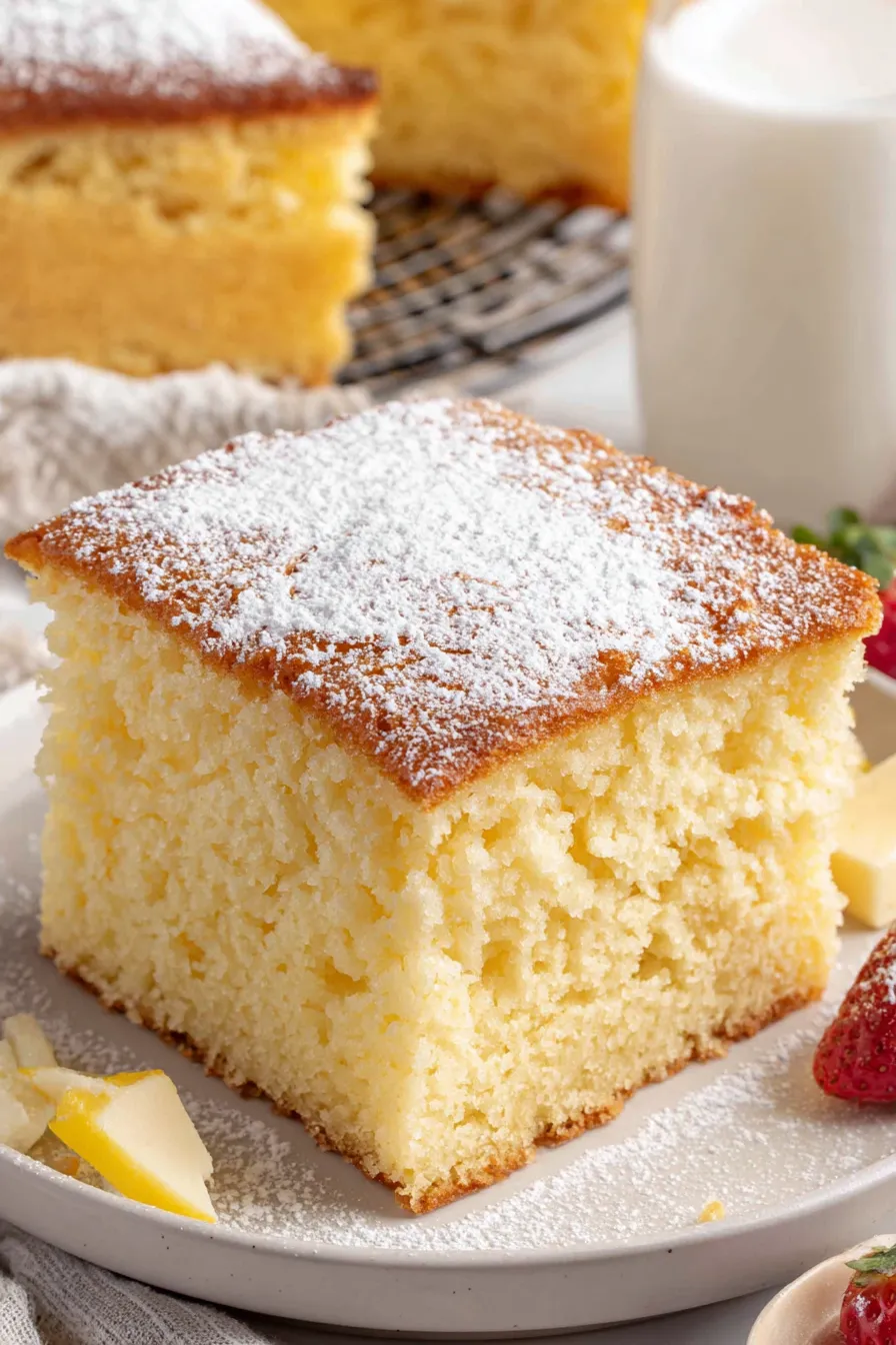 Hot Milk Cake in a 9x13 pan with golden top
