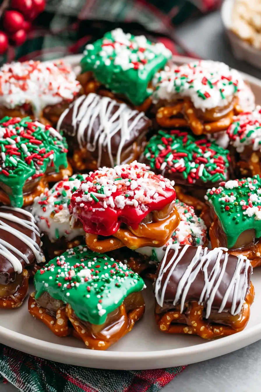 Pretzel bites on baking sheet with caramel