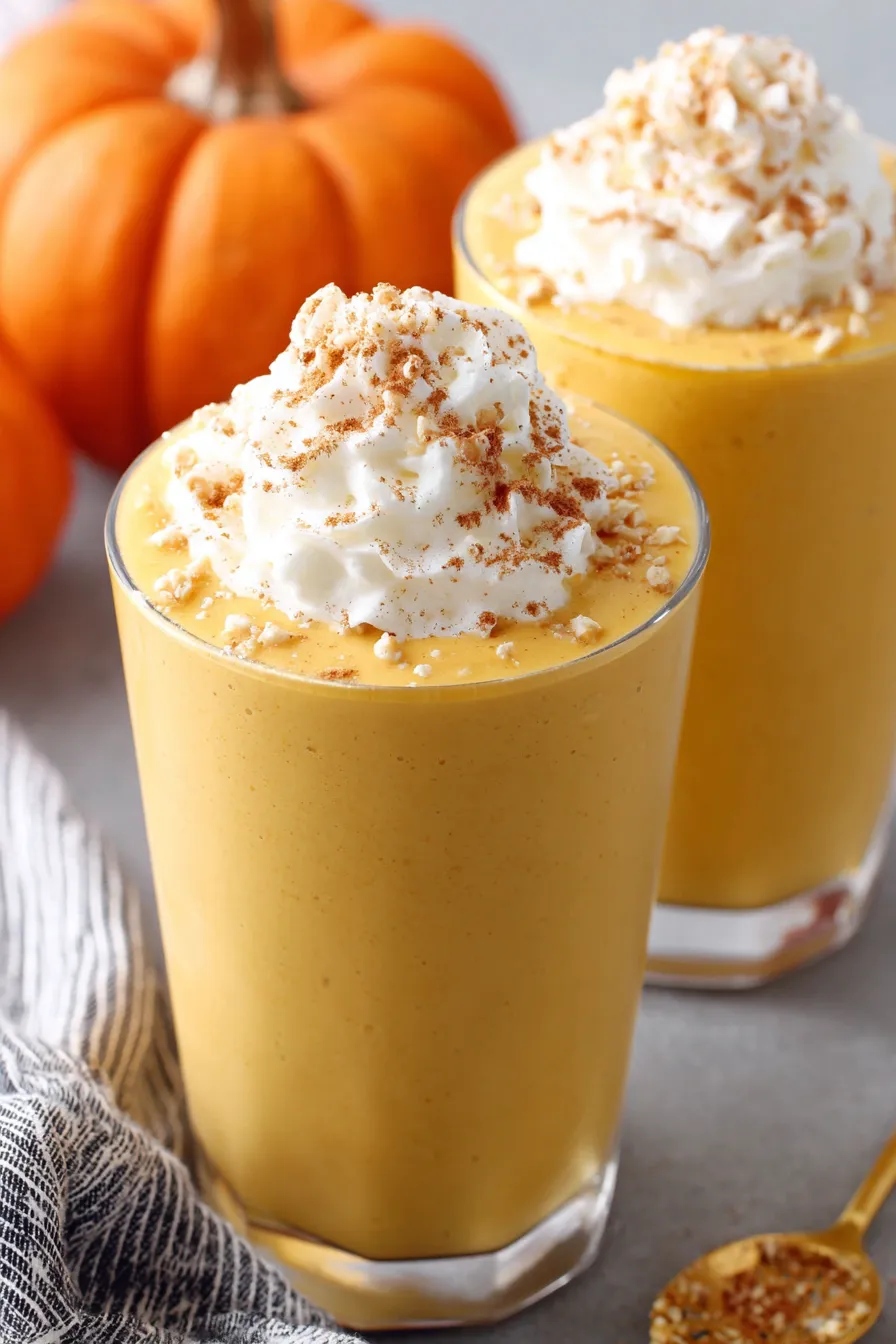 Pumpkin smoothie poured into glass with spice dusting
