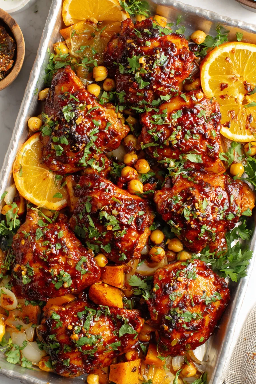 Close up of harissa orange chicken with herbs