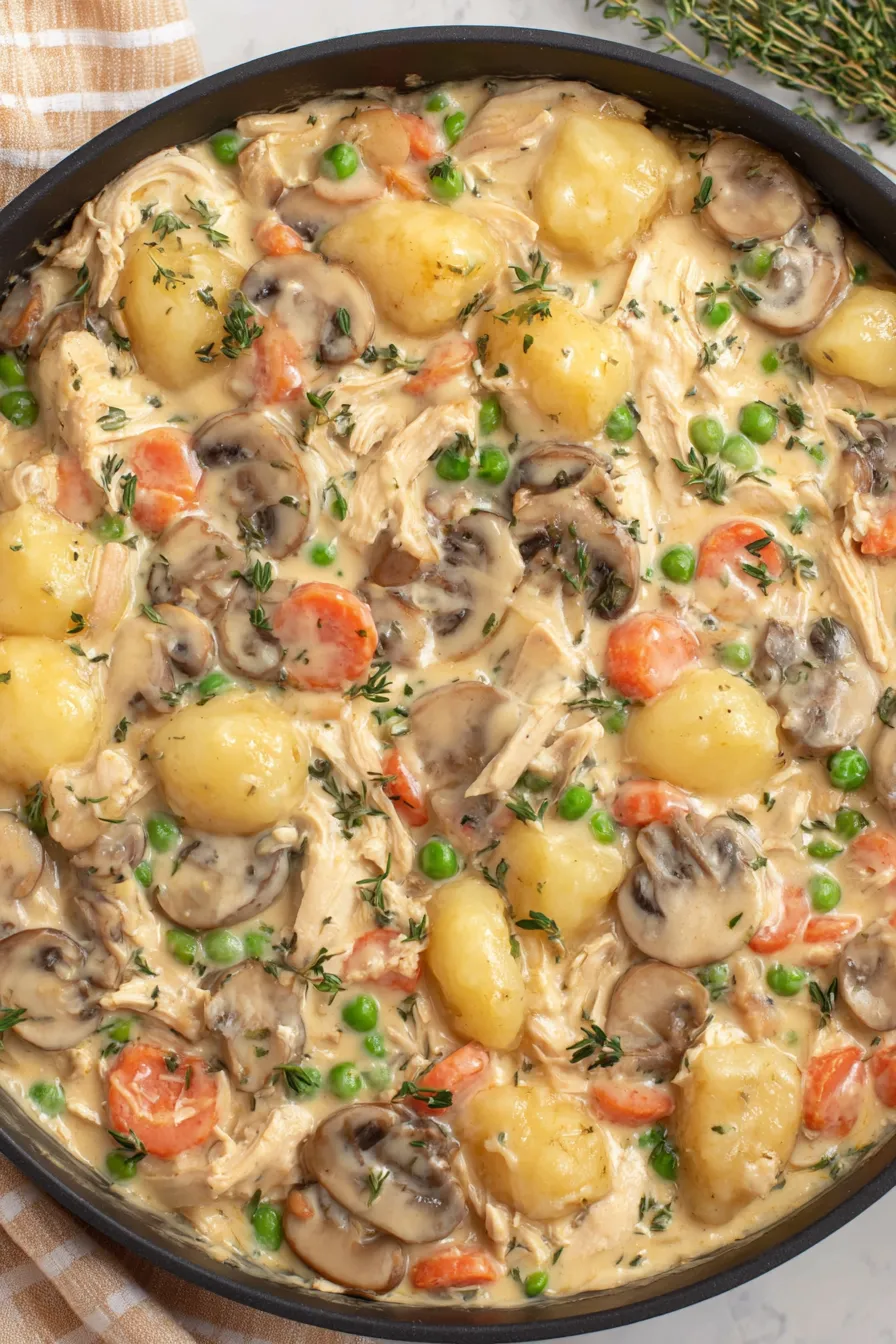 Gnocchi Chicken Pot Pie simmering in pan