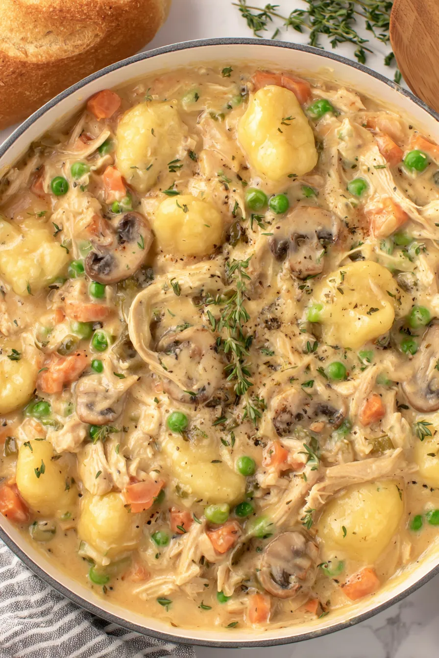 Finished Gnocchi Chicken Pot Pie plated with thyme