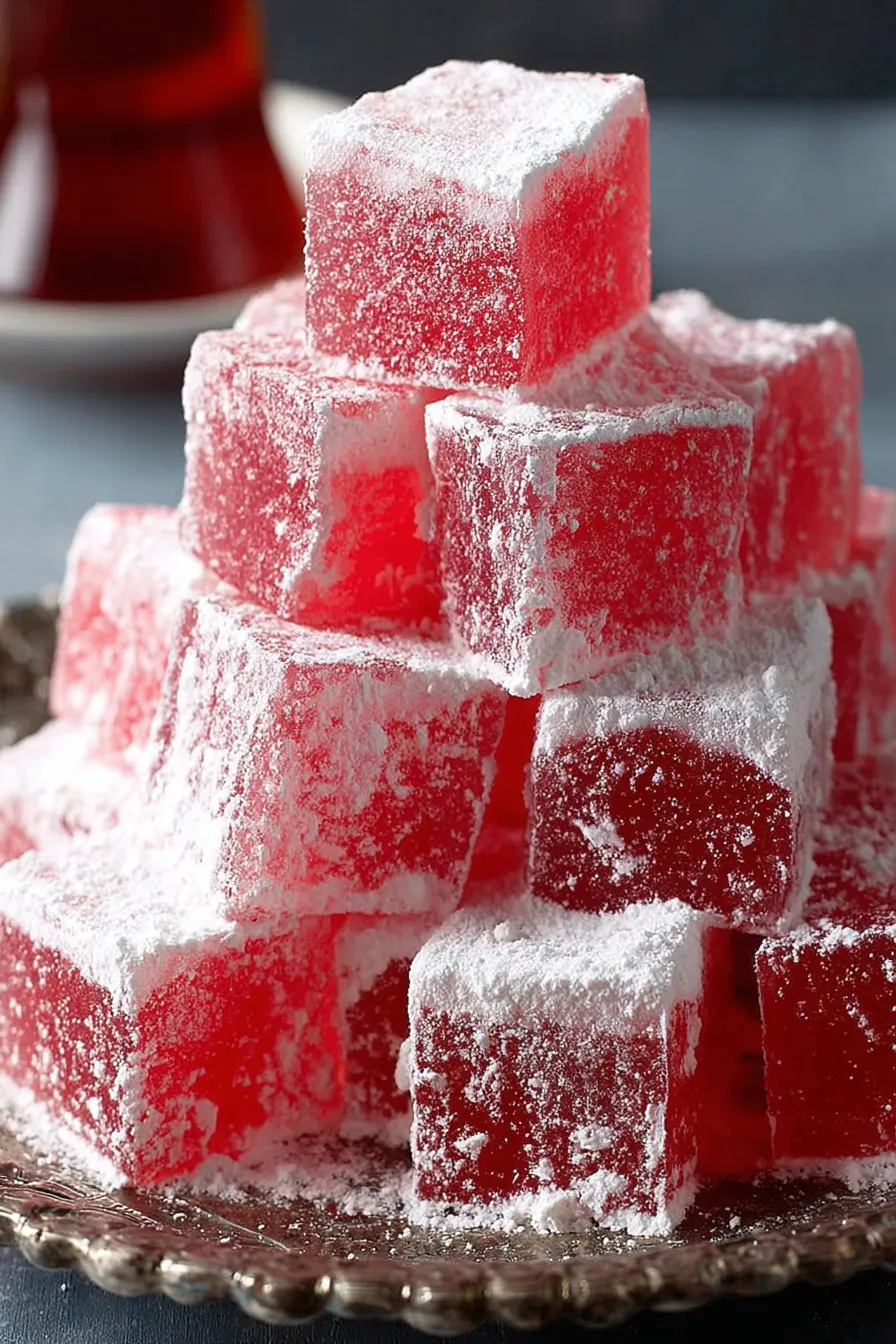 Fresh cut Turkish delight cubes on a tray dusted with powdered cornstarch