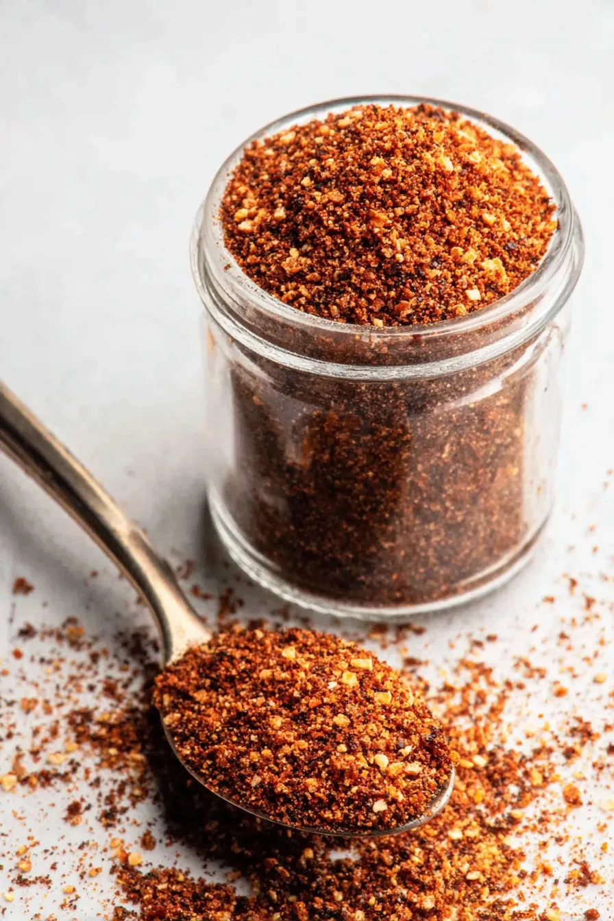 A small bowl with blended taco seasoning and measuring spoons