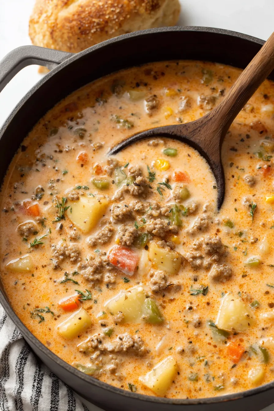 Hearty bowl of shepherd's pie soup with parsley