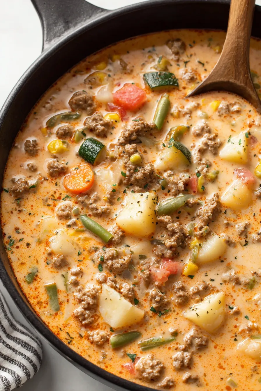 Close-up of creamy shepherd's pie soup with vegetables