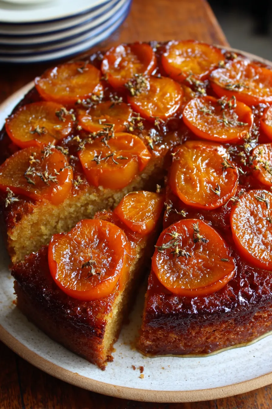 Sliced upside-down persimmon cake on a plate
