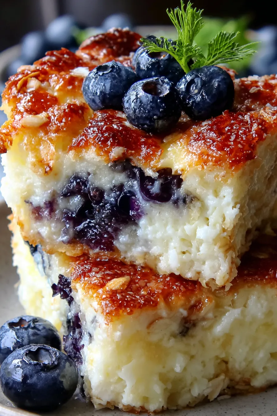 Sliced blueberry cottage cheese bake on a serving plate