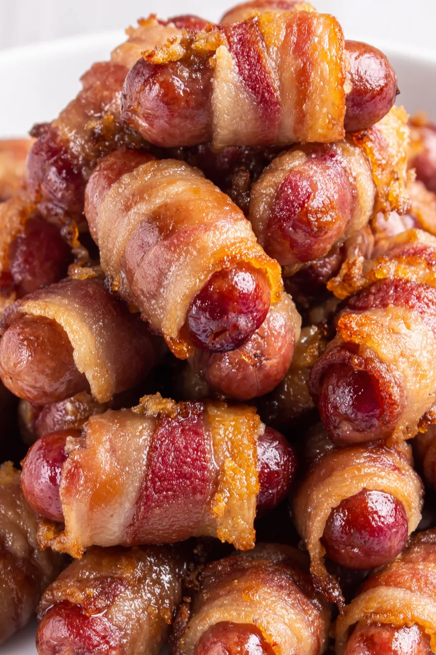 Close-up of caramelized brown sugar on bacon wrapped smokies