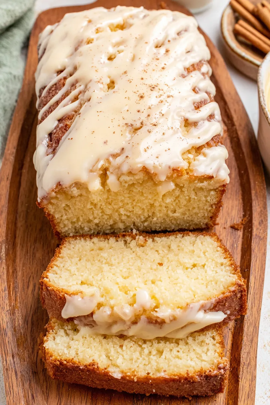 Freshly baked Vintage Eggnog Bread cooling on wire rack
