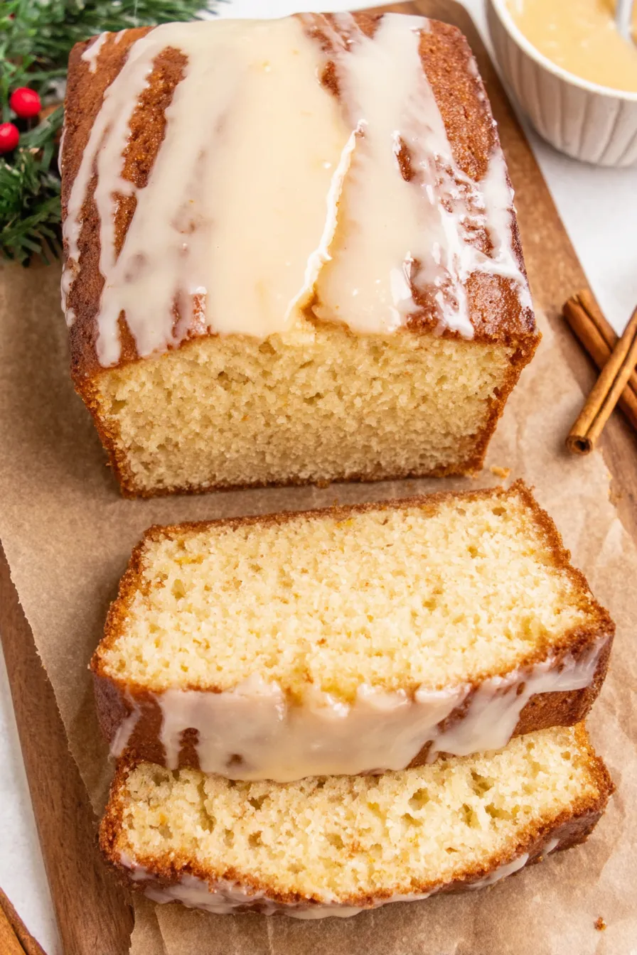 Slice of eggnog bread drizzled with glaze