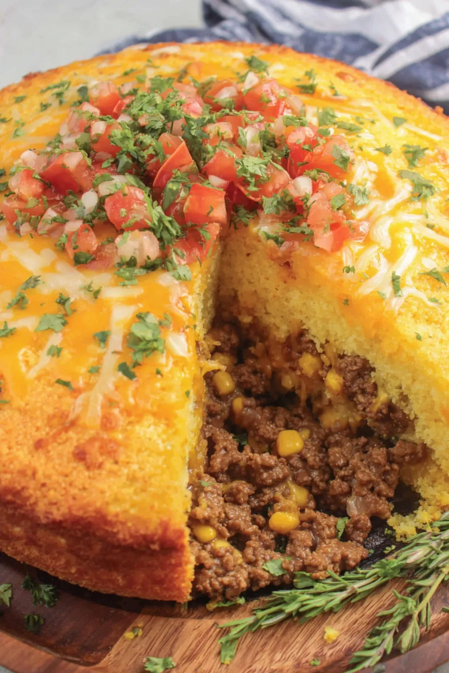 Cowboy Cornbread Casserole in skillet, bubbling and golden