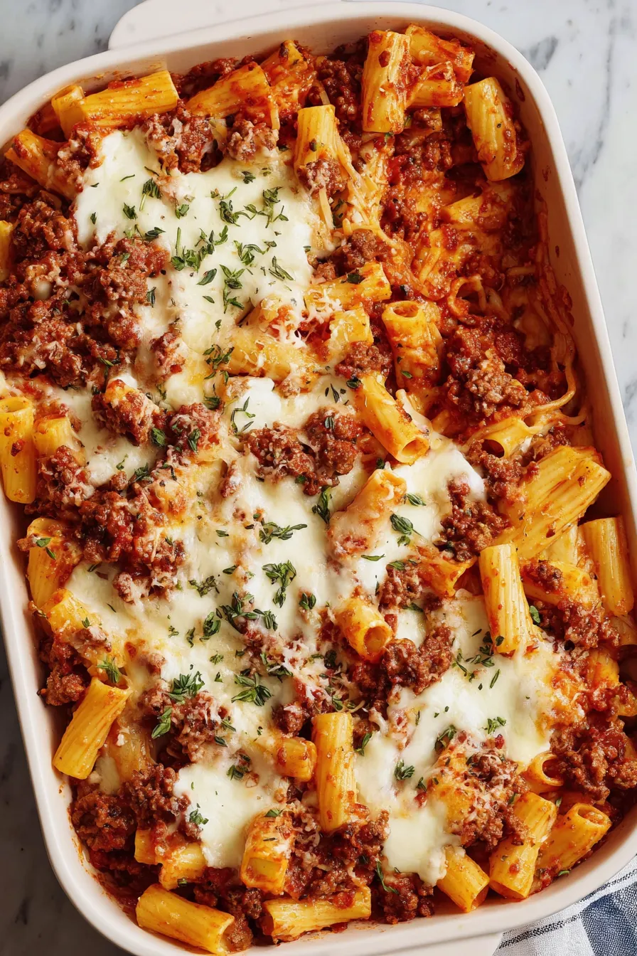 Baked ziti right out of the oven with melted cheese