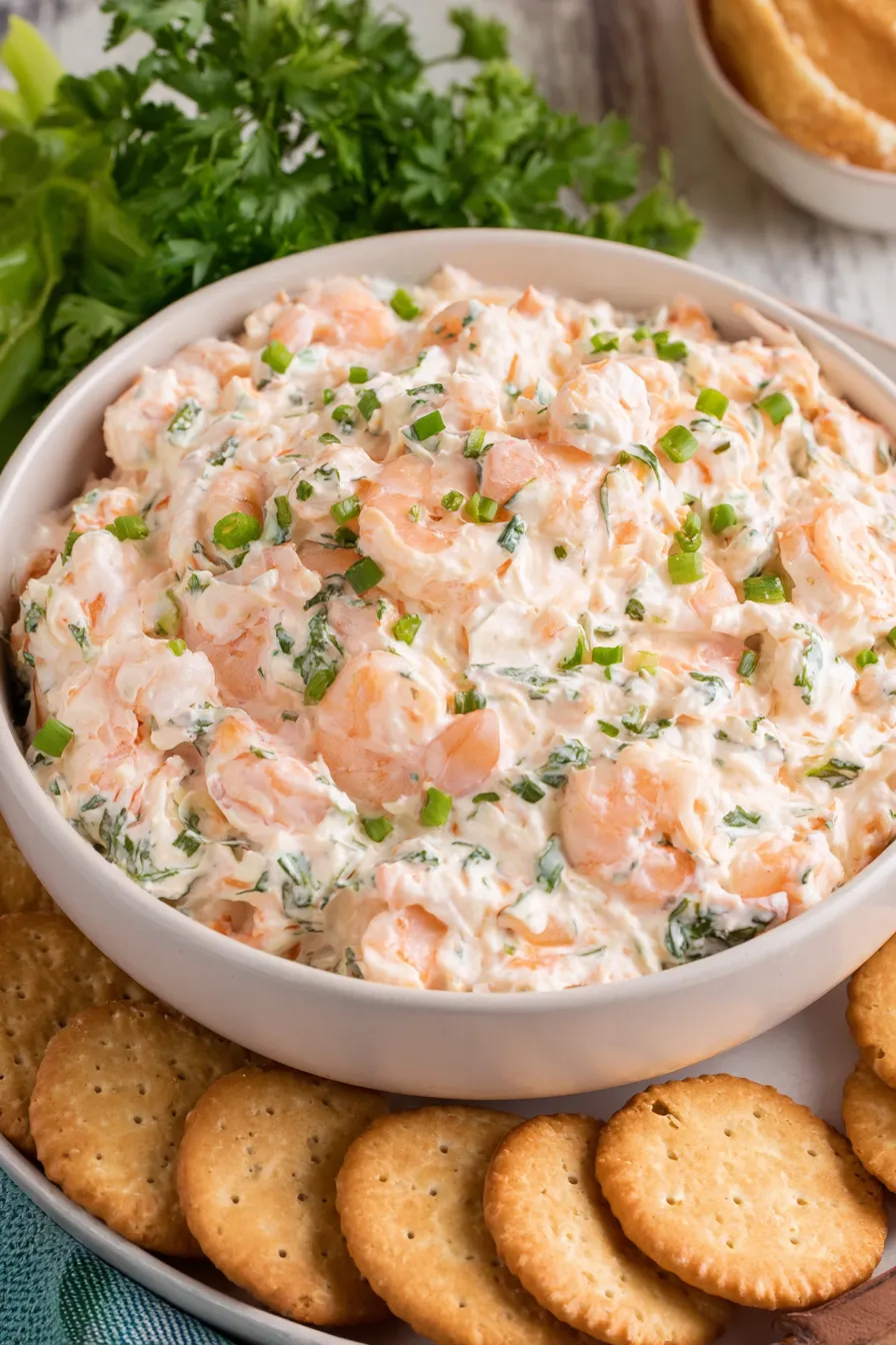 Close-up of creamy shrimp dip with green onion