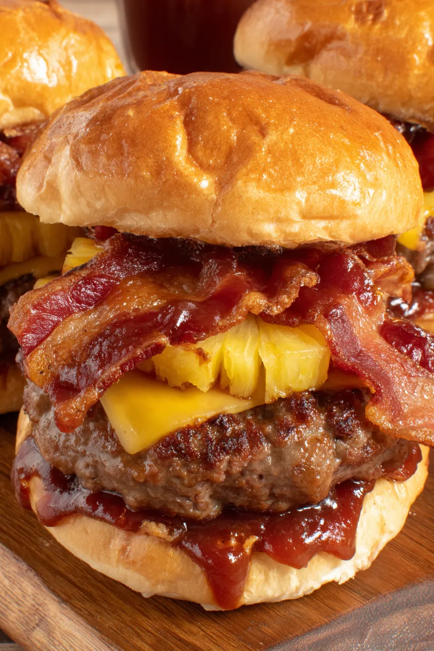 Assembled pineapple bacon burger on wire rack