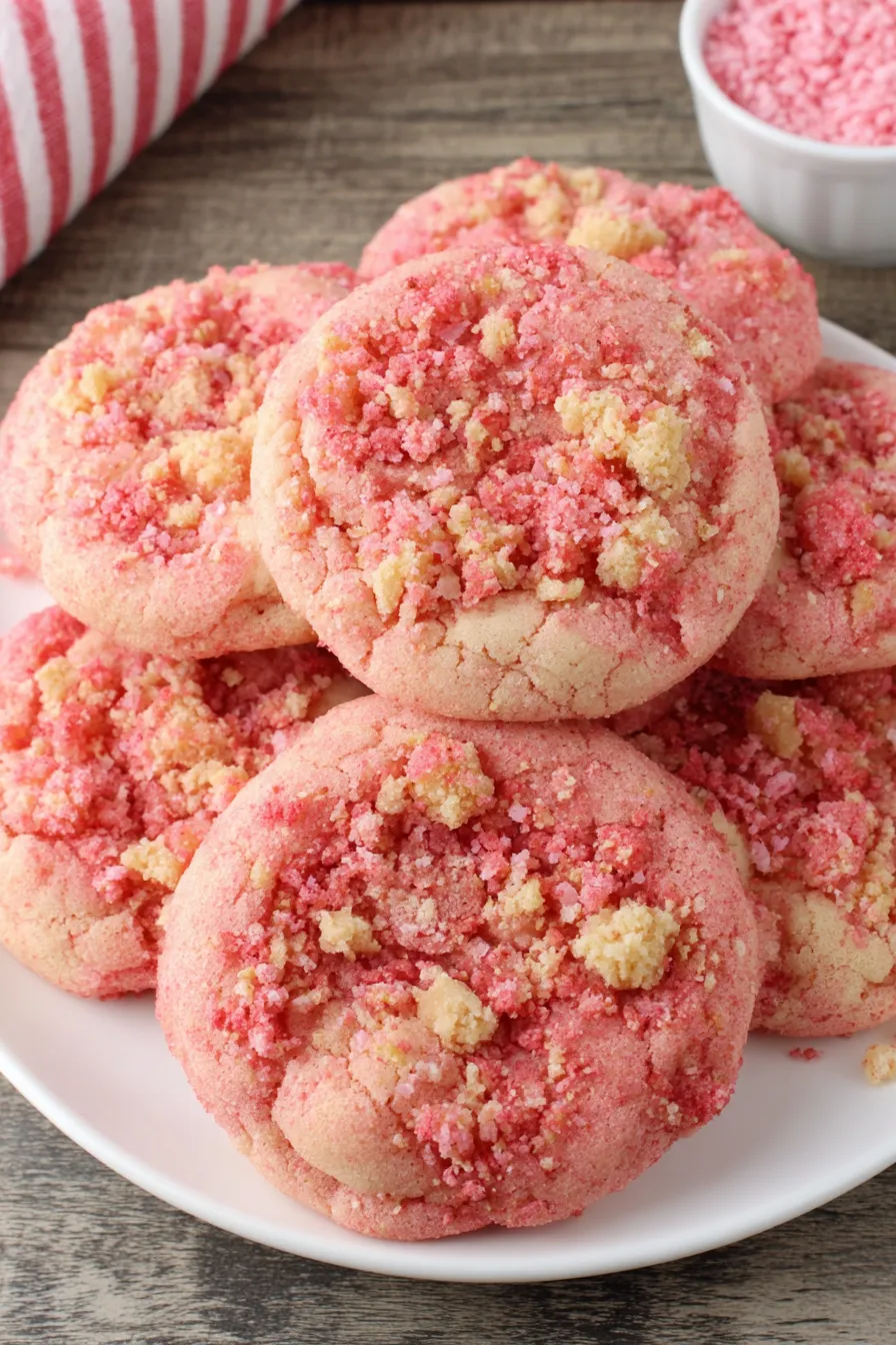 Strawberry crunch cookies cooling on a rack