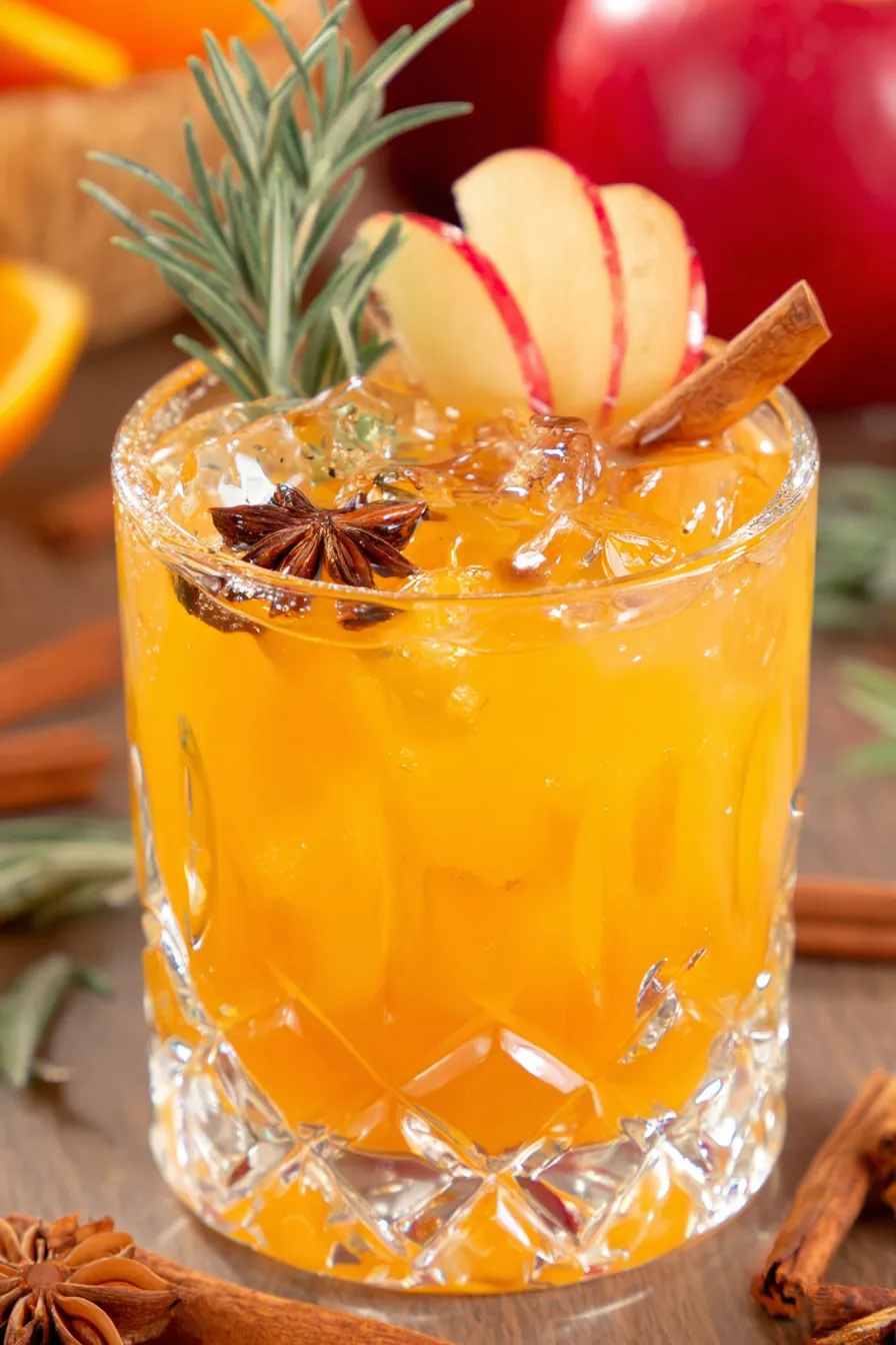 Close-up of garnishes: apple slice, cinnamon stick, star anise