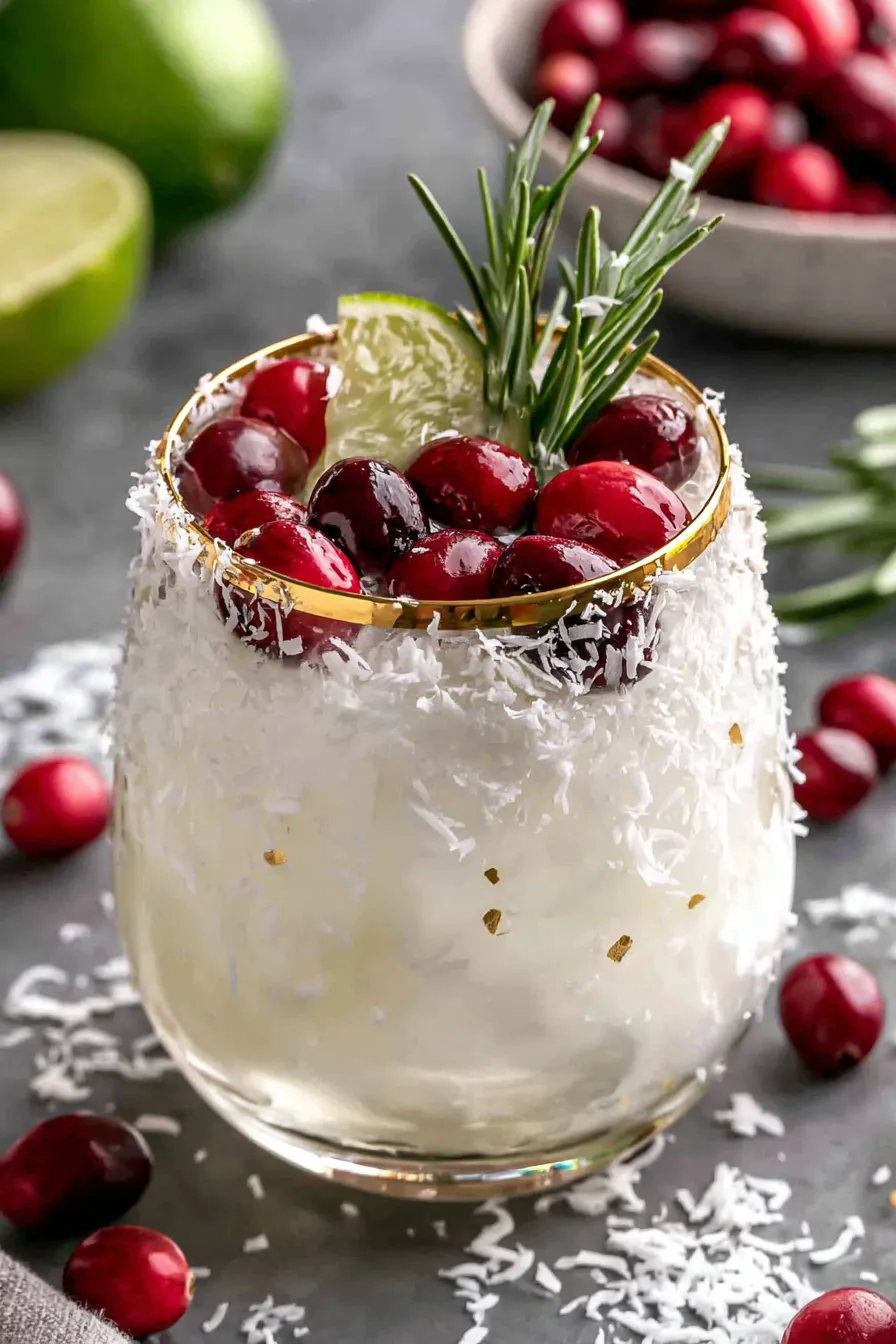 White Christmas Margarita in a coconut rimmed glass with rosemary