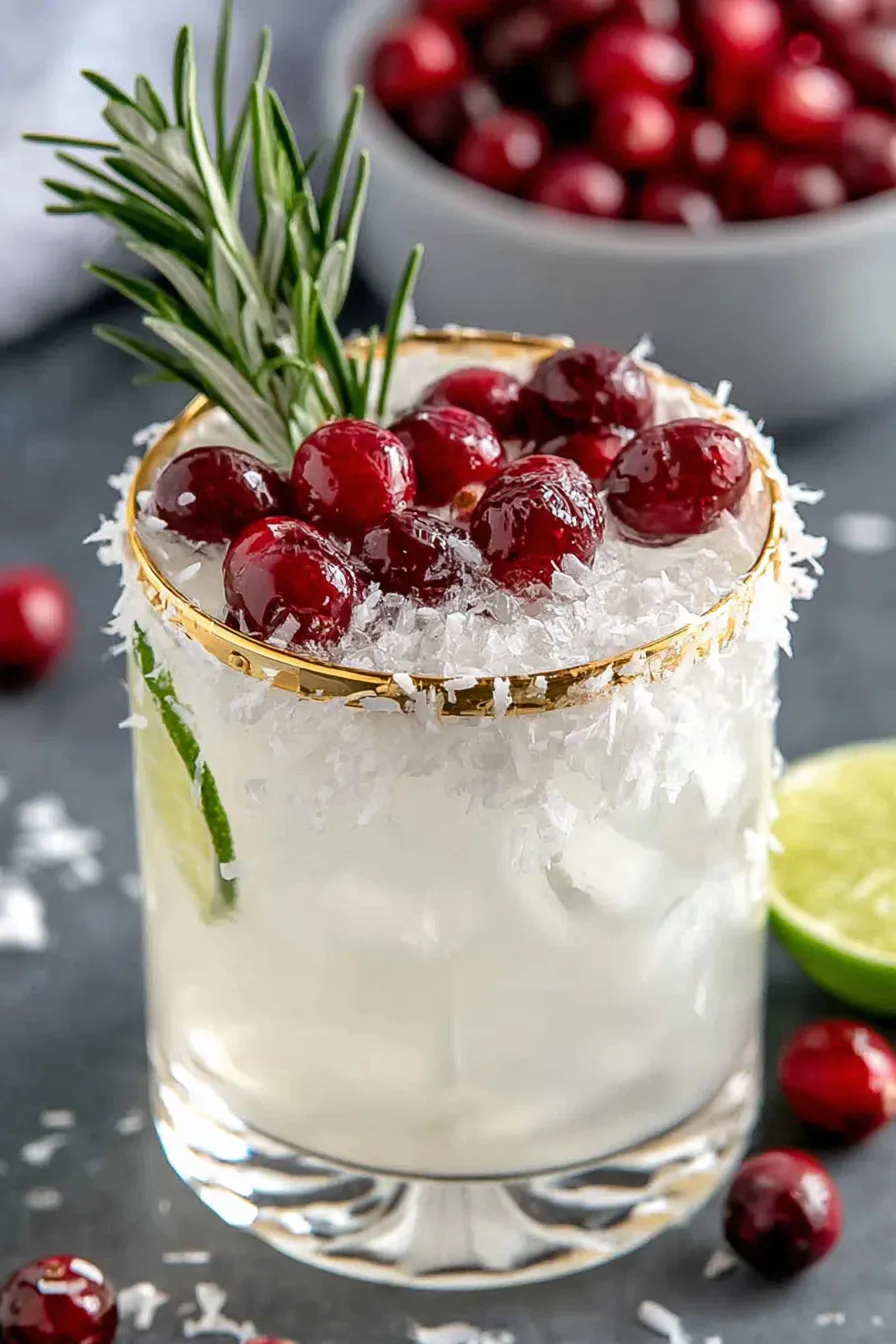 Close-up of coconut rim and cranberries for a holiday cocktail