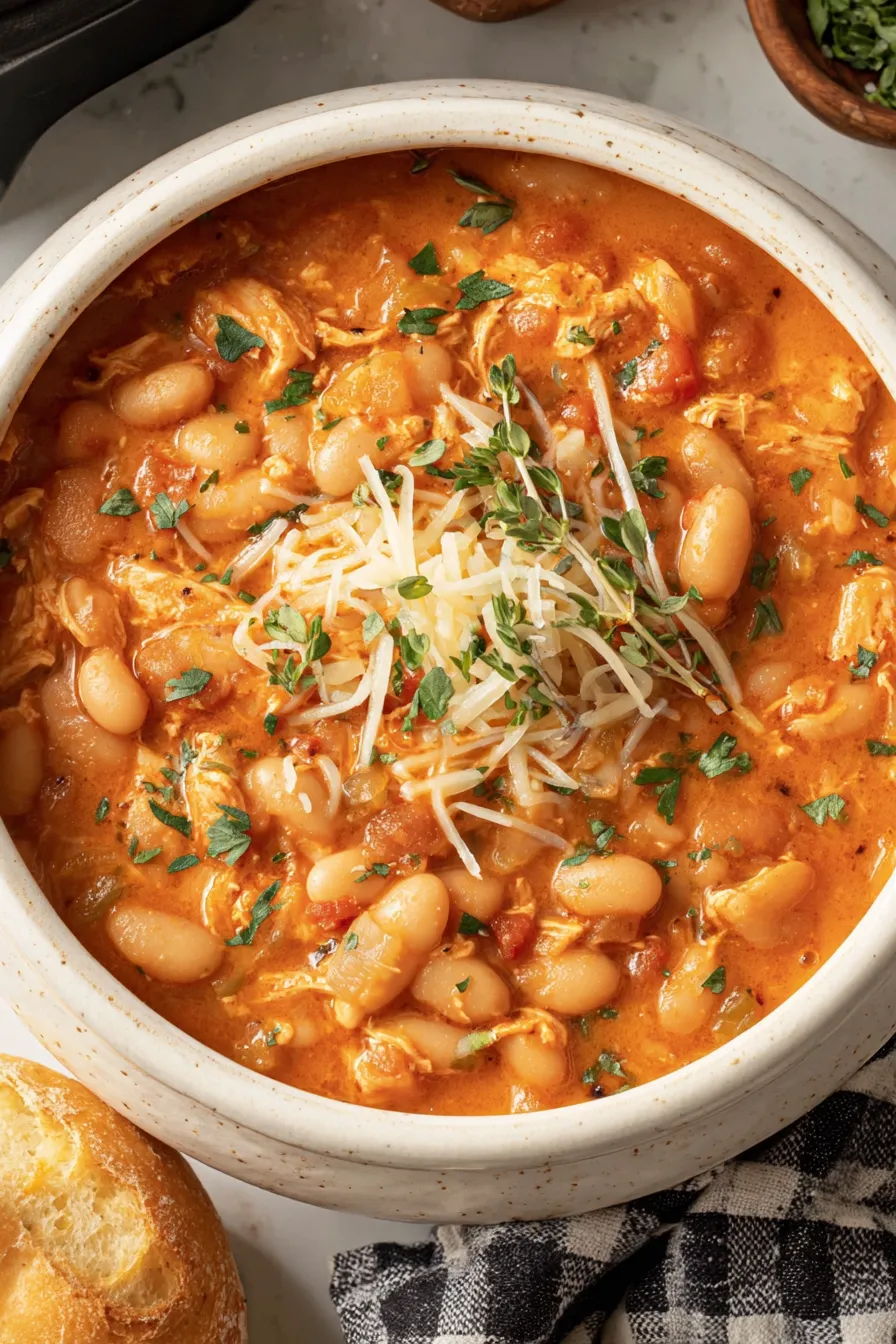 Slow cooker pot of Buffalo chicken chili bubbling with beans and shredded chicken