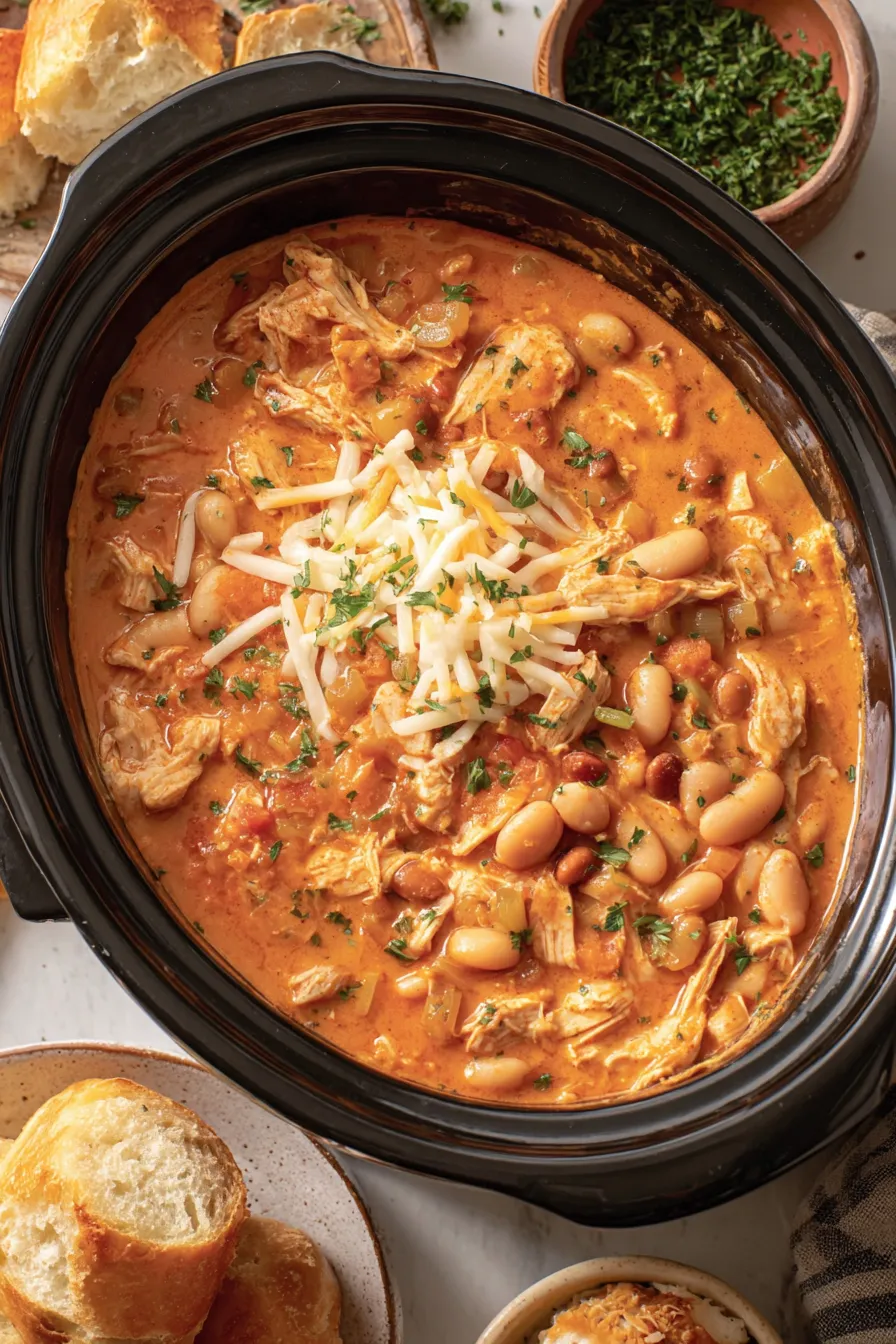 Bowl of Buffalo chicken chili topped with cheese and green onions