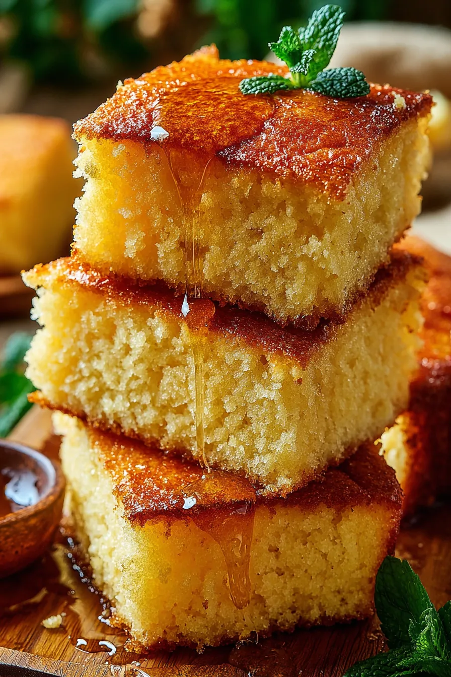 Serving suggestion: cornbread poppers on a wooden board with honey drizzle