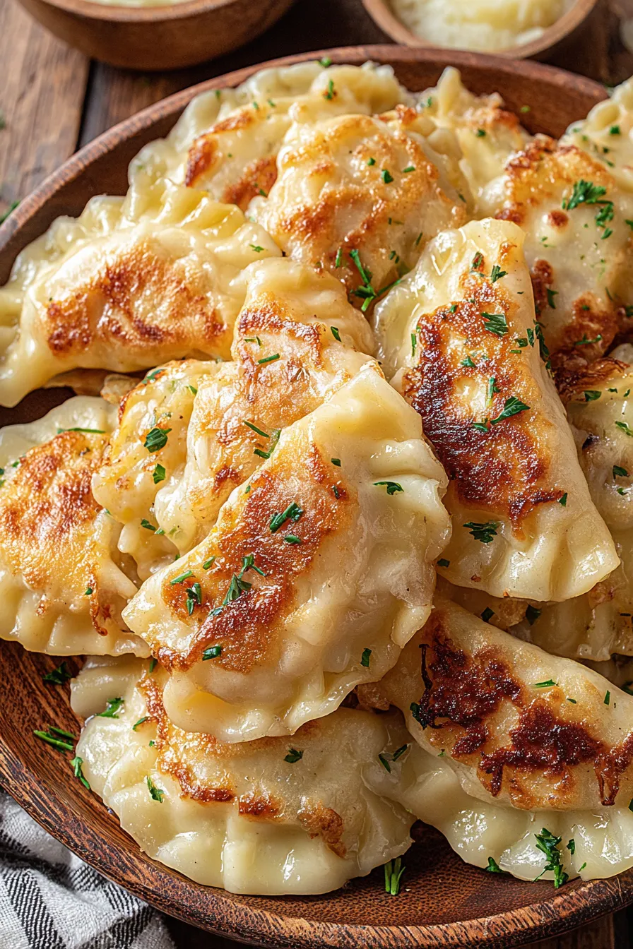 Pierogi Ruskie freshly boiled on a plate