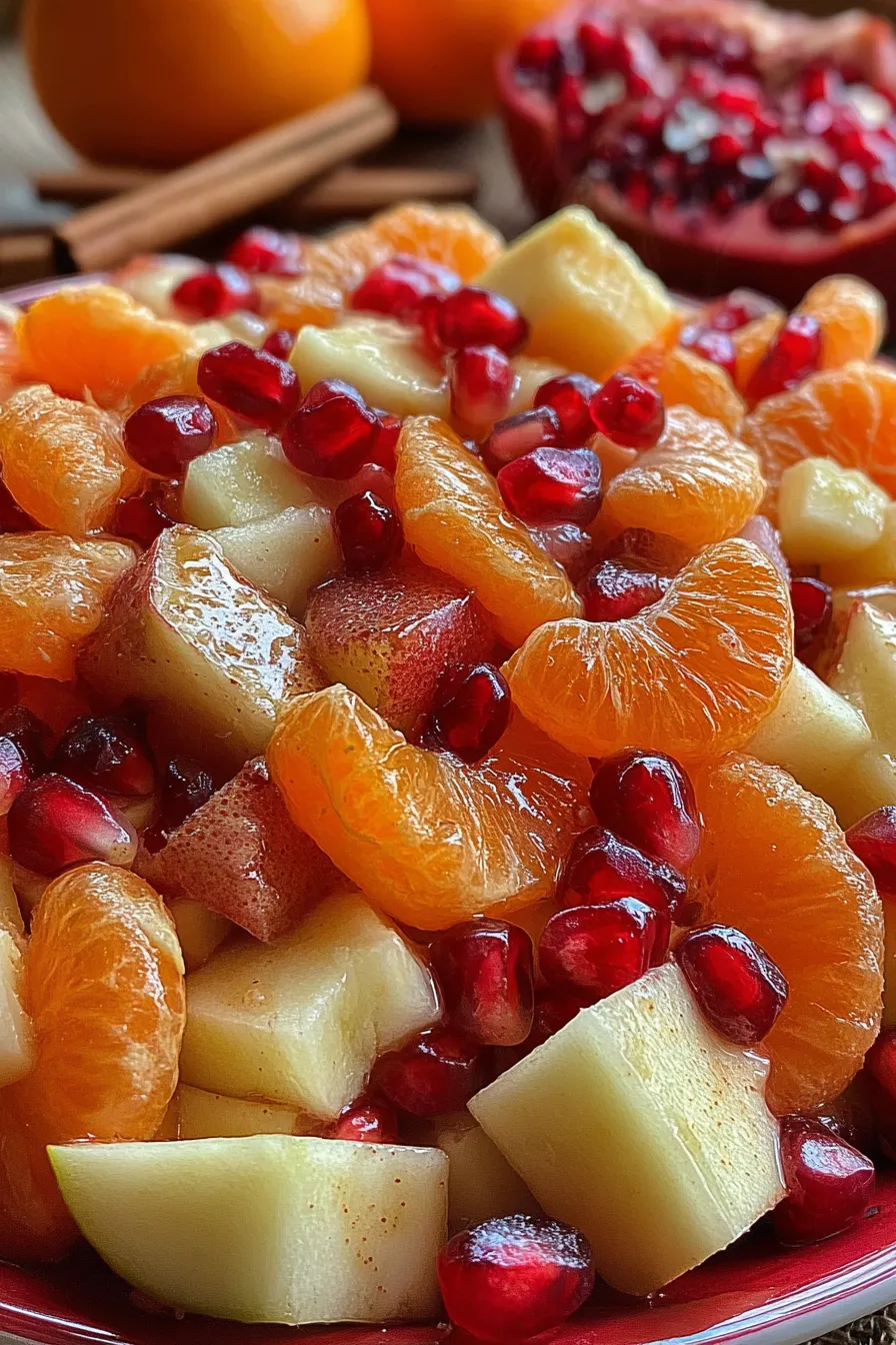 Winter fruit salad in a white bowl with pomegranate arils and mandarin segments