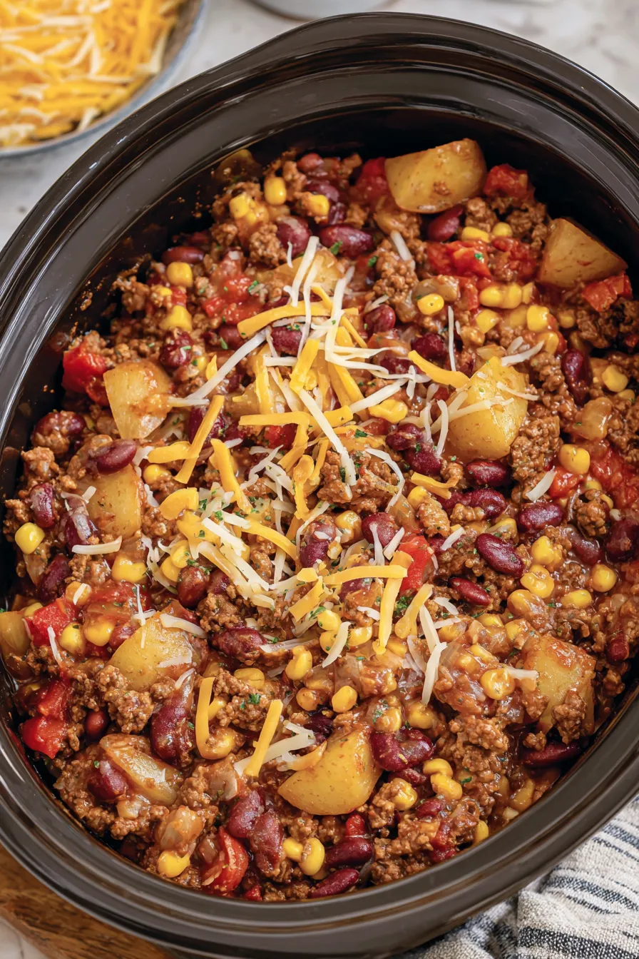 Crockpot Cowboy Casserole bubbling in slow cooker