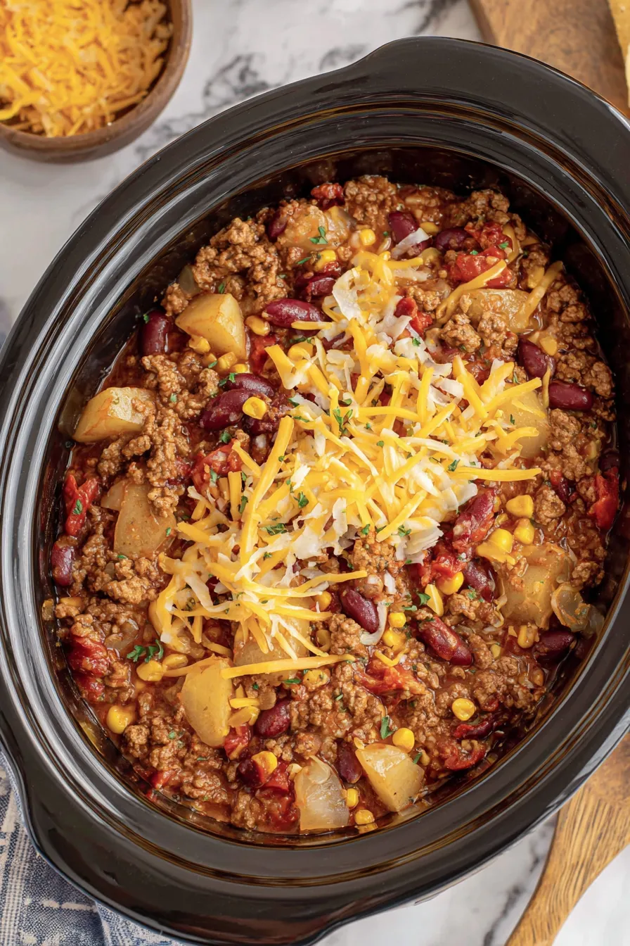 Layered sliced Yukon Gold potatoes ready for slow cooking