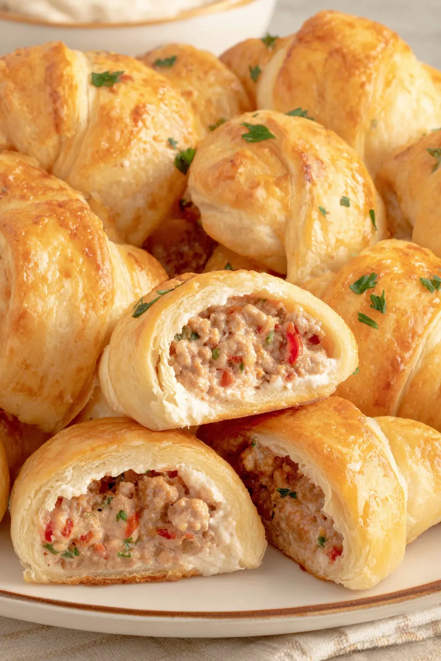 Tray of golden sausage cream cheese crescent rolls fresh from oven