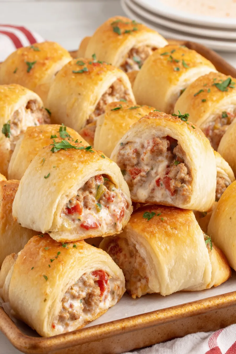 Close-up of crescent roll filled with sausage and cream cheese