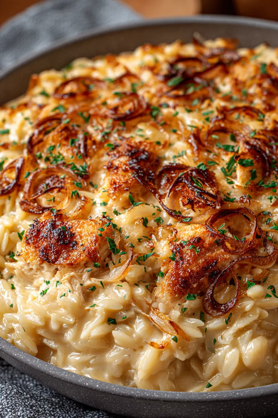 Caramelized onions and orzo in skillet, ready for oven