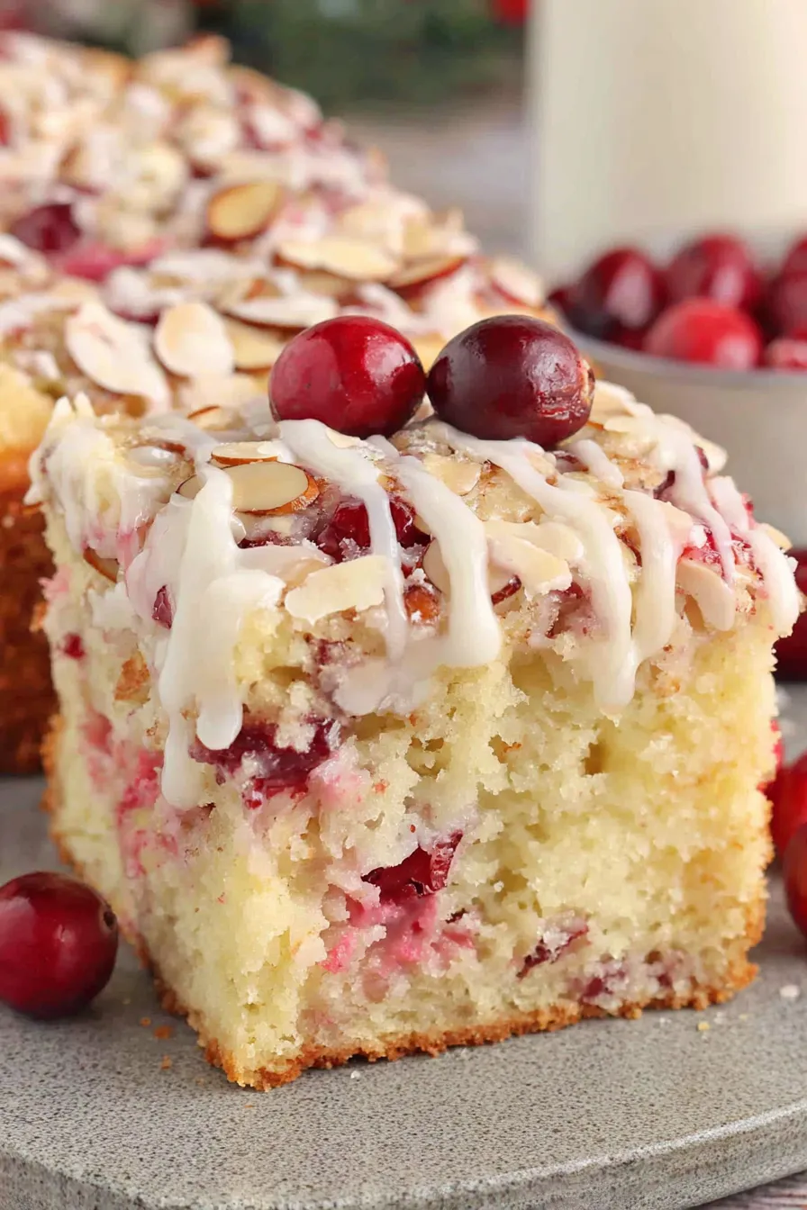 Almond Cranberry Cake close up with sliced almonds
