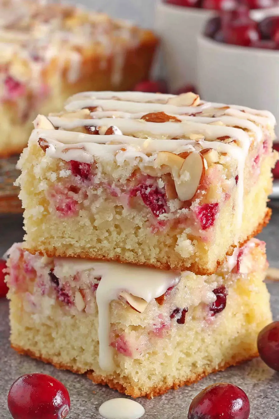 Sliced Almond Cranberry Cake on a plate