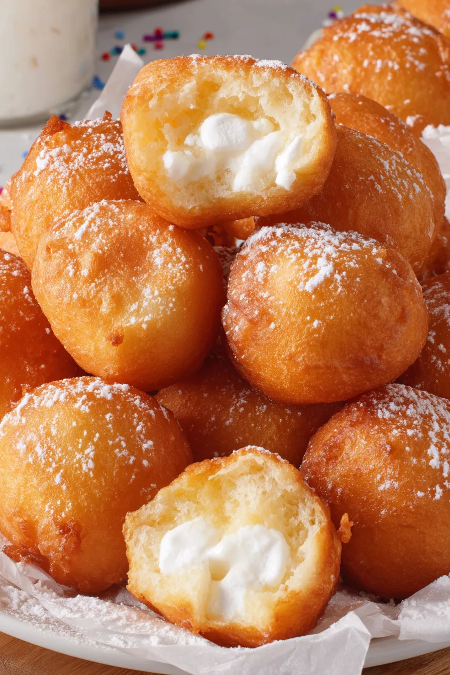 Deep fried marshmallows frying to golden brown on a slotted spoon