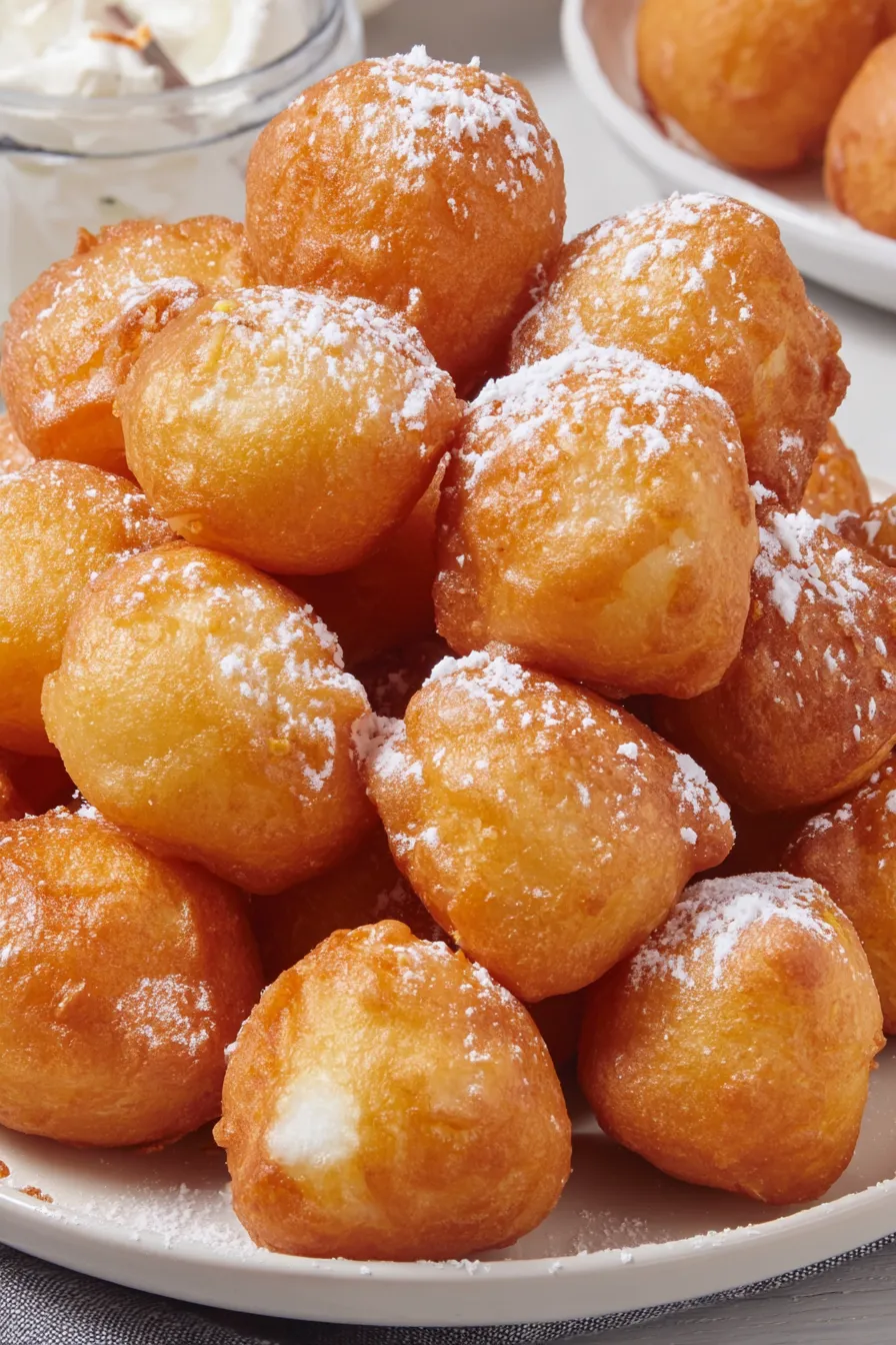 A plate of finished deep fried marshmallows dusted with powdered sugar and drizzled with chocolate