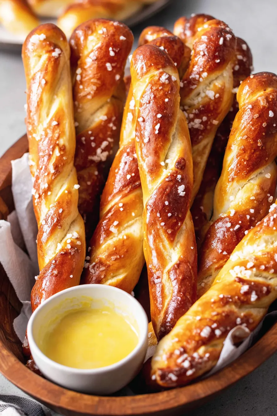 Baked pretzel sticks on parchment