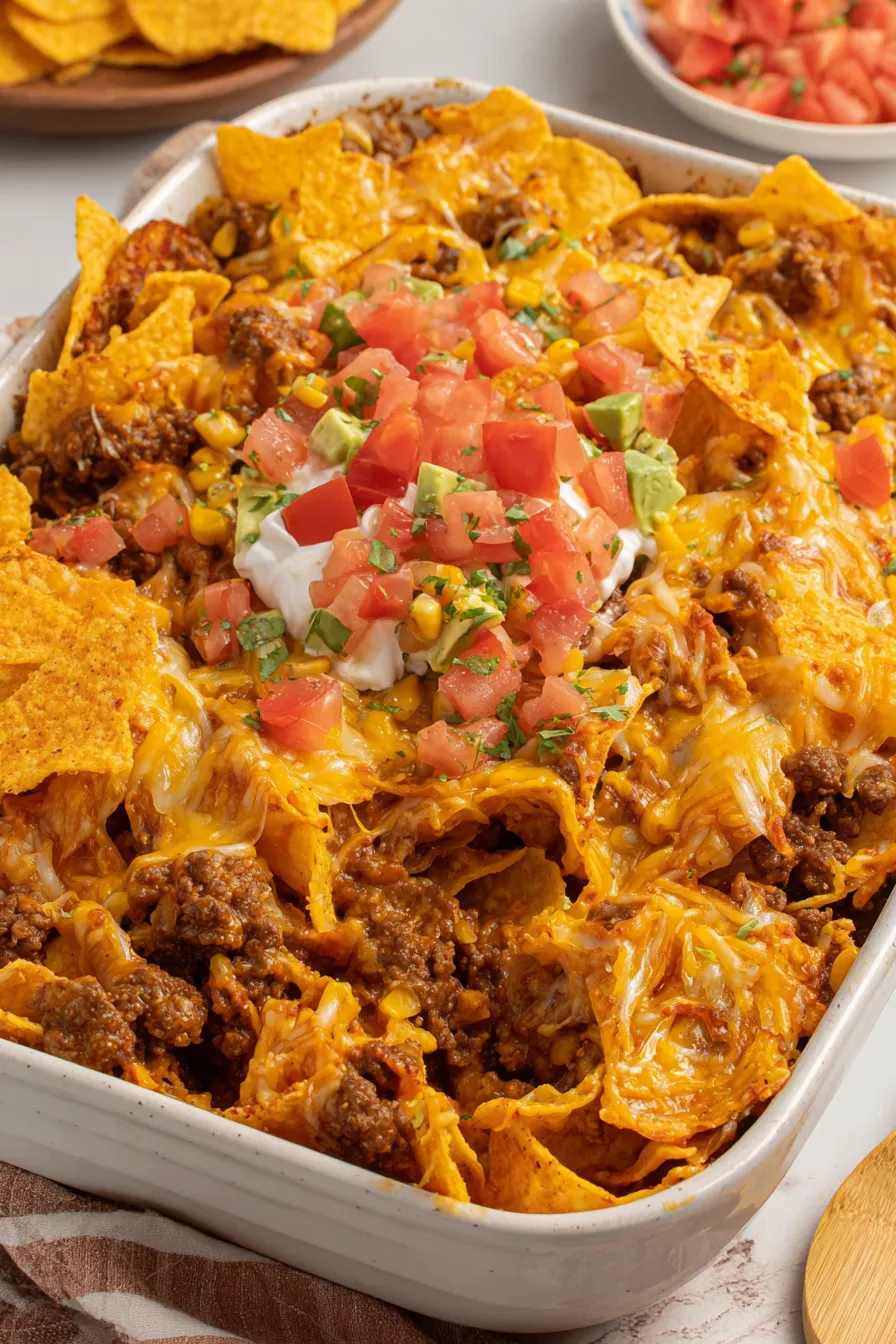 Doritos taco casserole fresh from oven with melted cheese