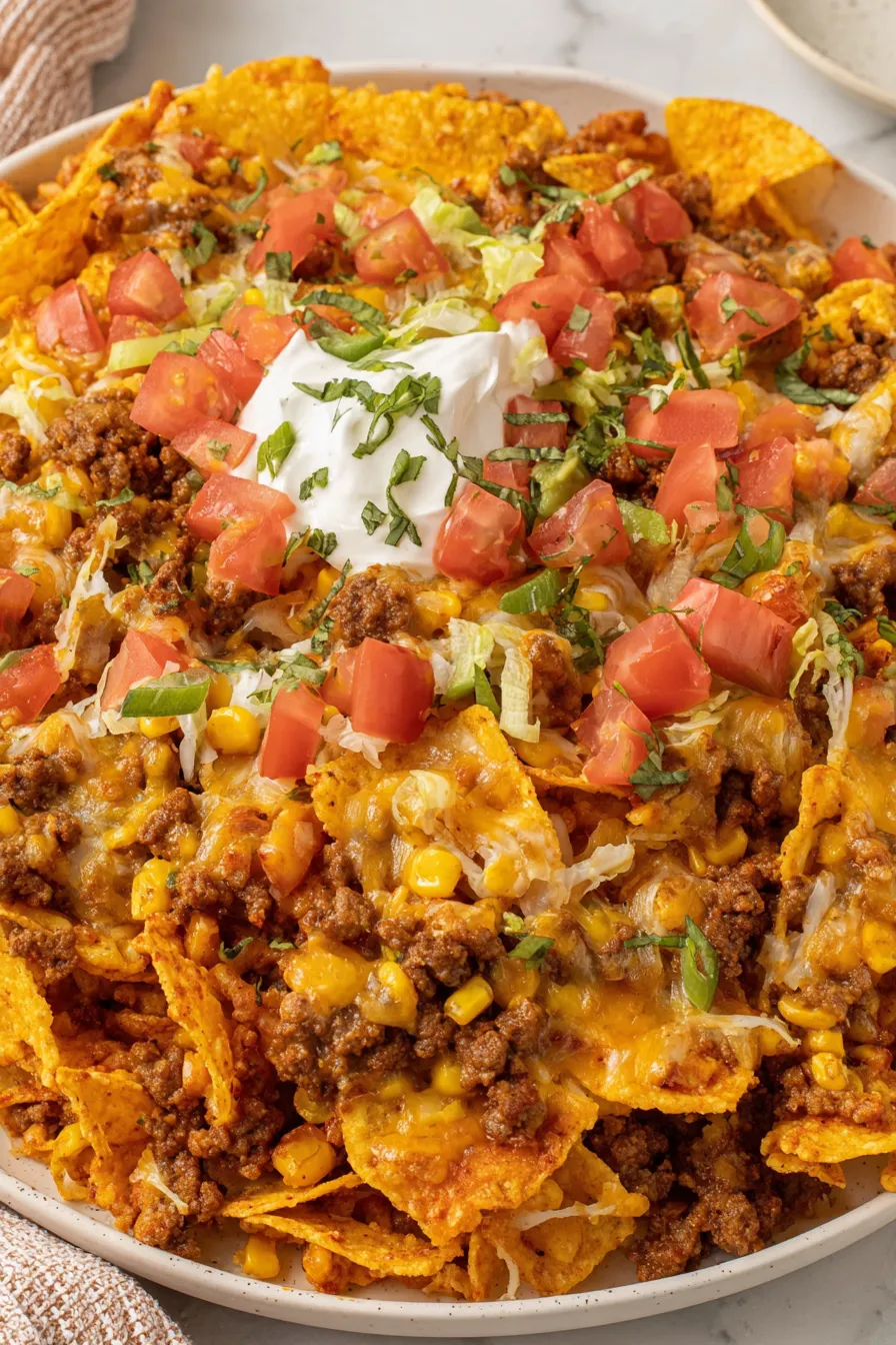 Close up of a cheesy Doritos taco casserole slice