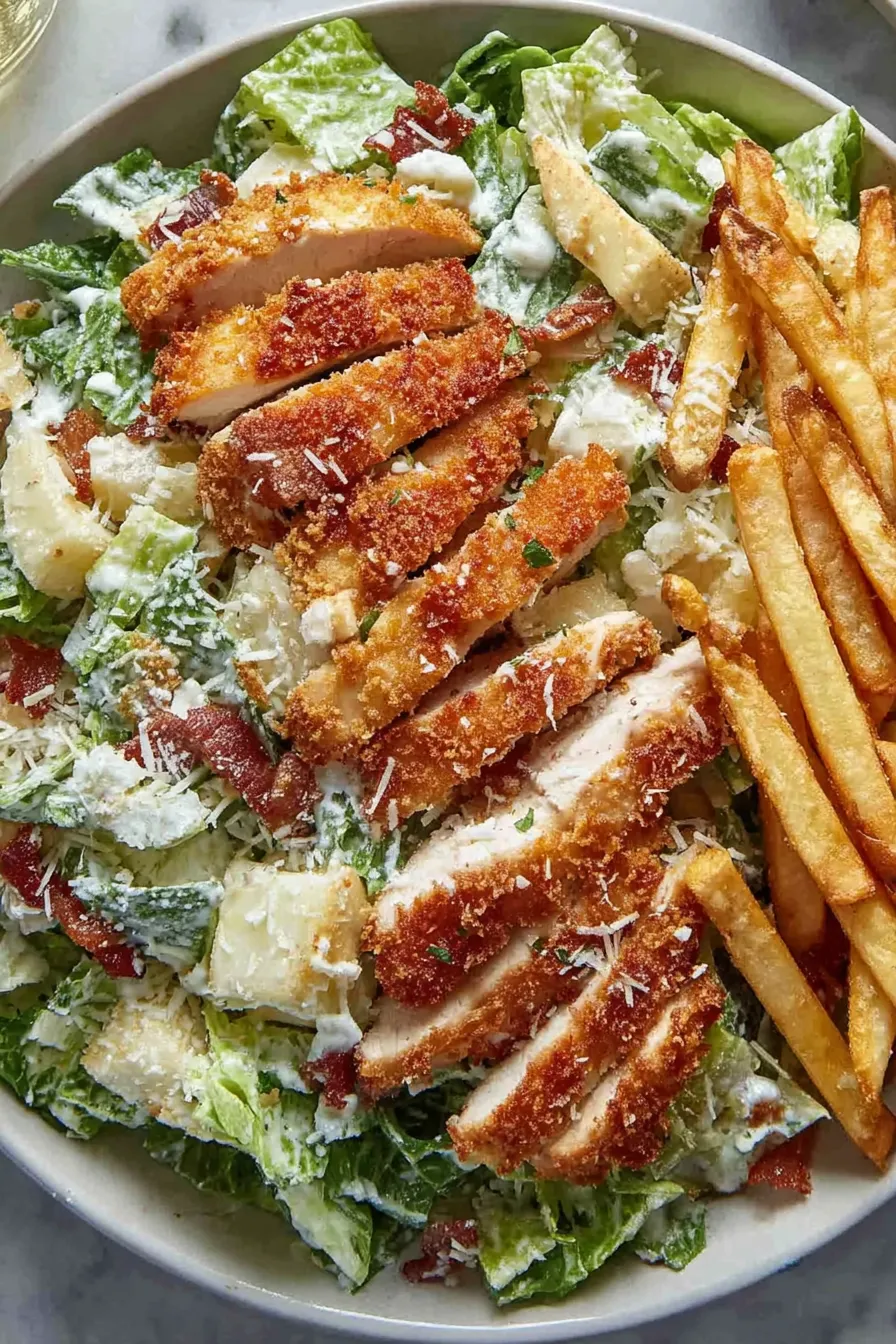 Crispy chicken and salad plated on Delishum