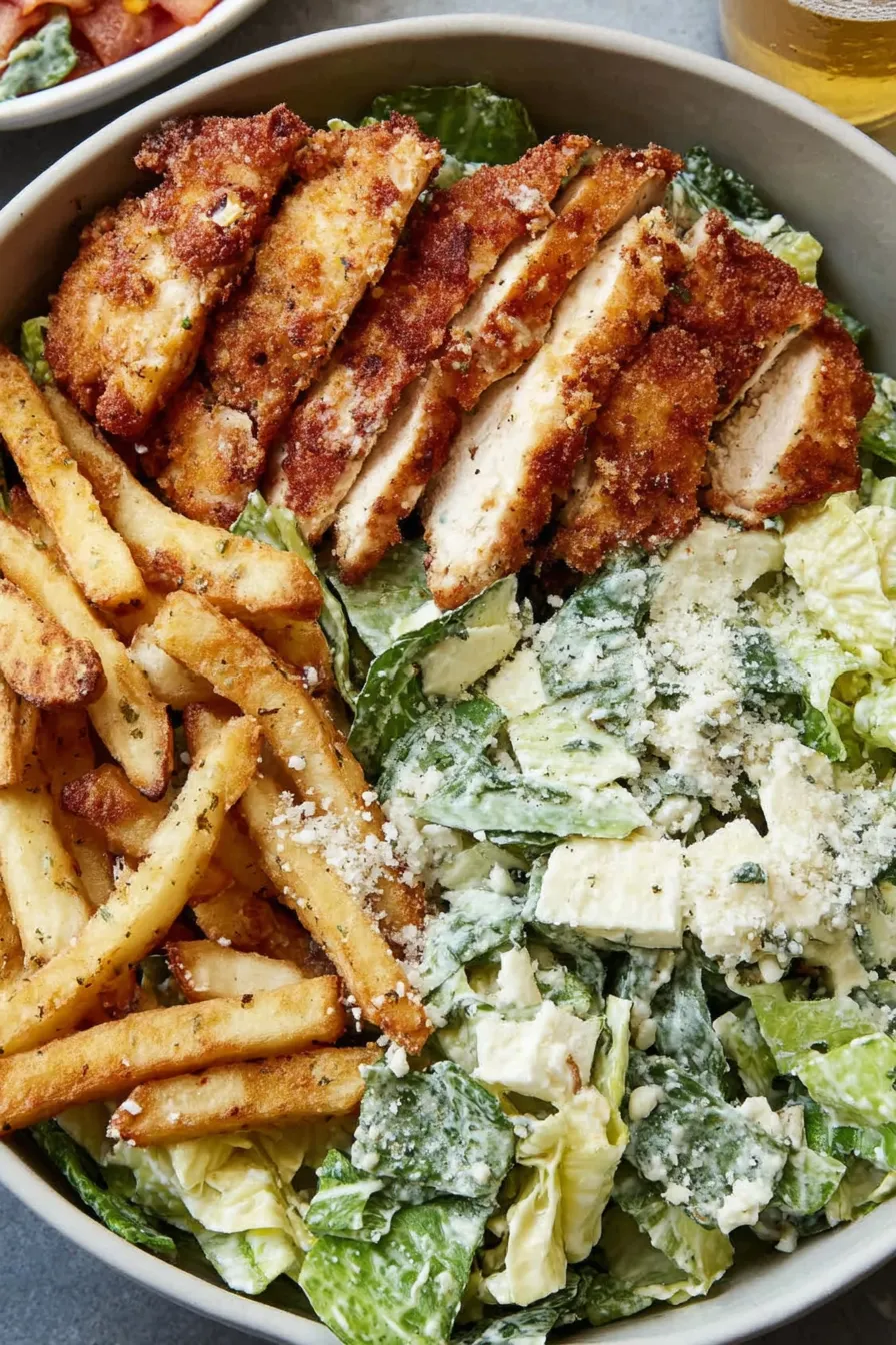 Close-up of fries and panko-coated chicken