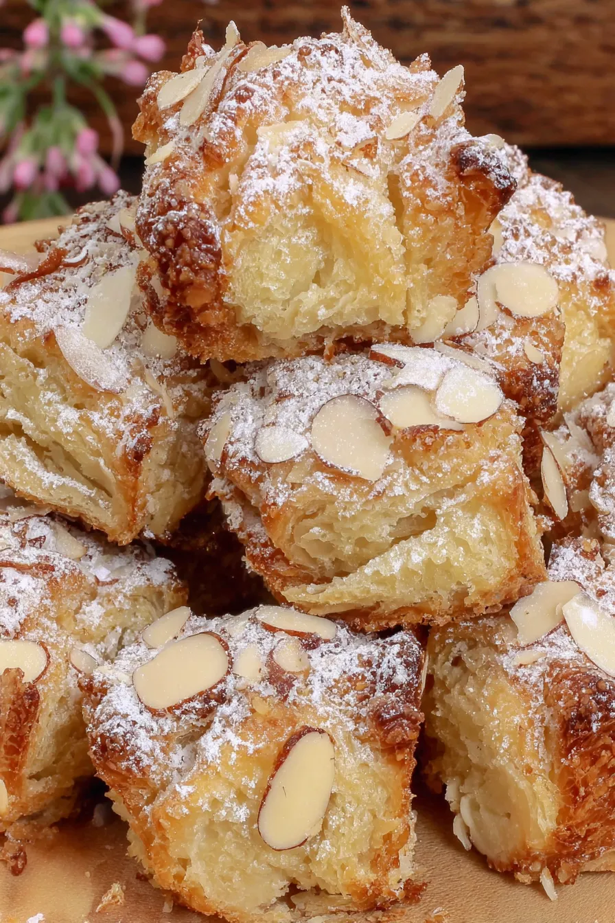 Close up of almond filled pastry topped with sliced almonds