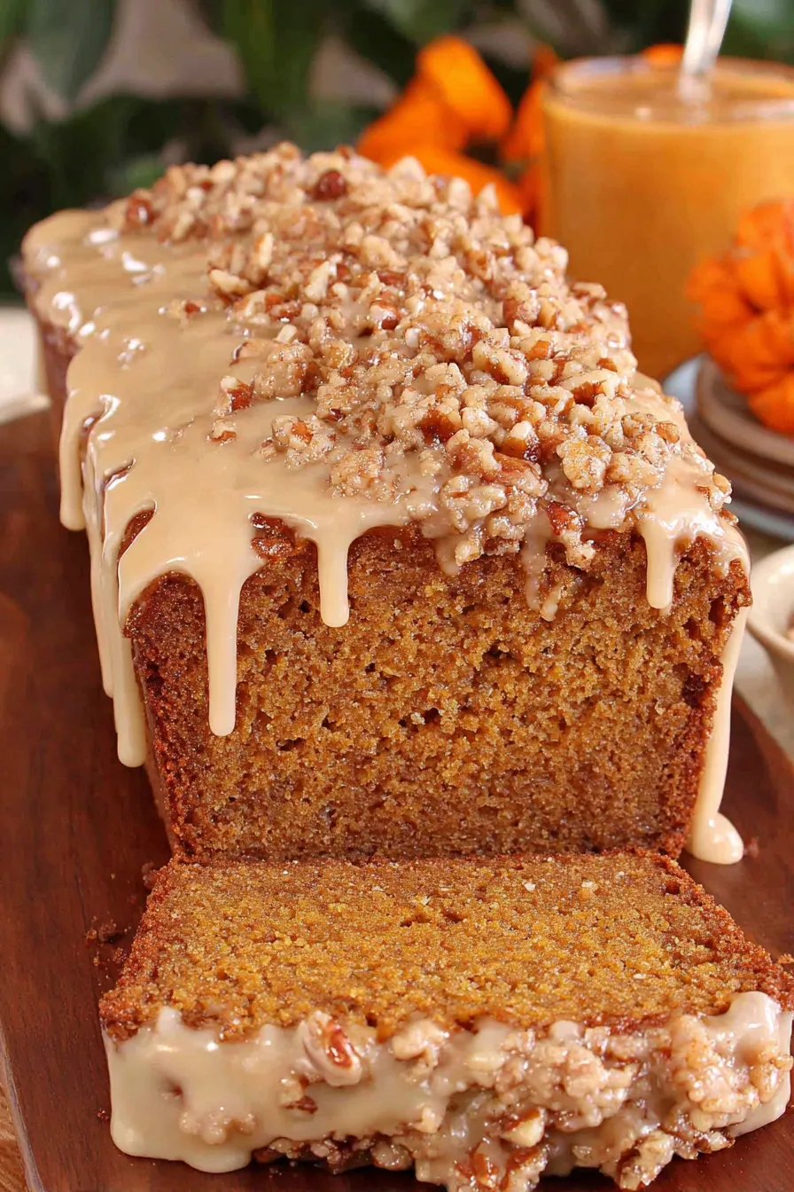Maple pumpkin bread with streusel topping on a rack