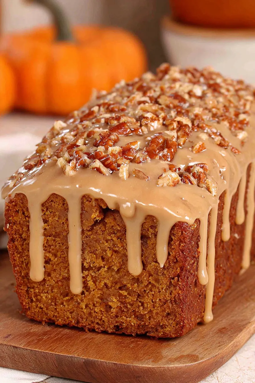 Sliced maple pumpkin bread with icing and pecans
